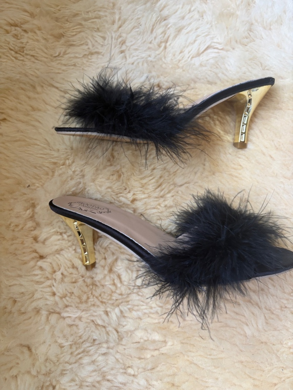 Amazon Black Feather Slide Mules with Gold Sculpted Heel